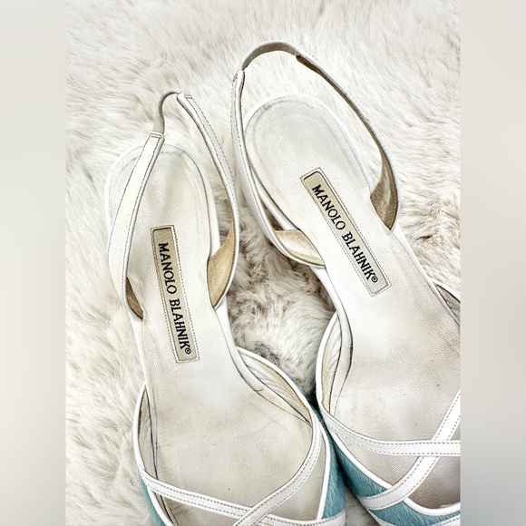 RARE Manolo Blahnik light blue pony hair leather lace-up slingback heels 37 US 7 - Picture 6 of 12